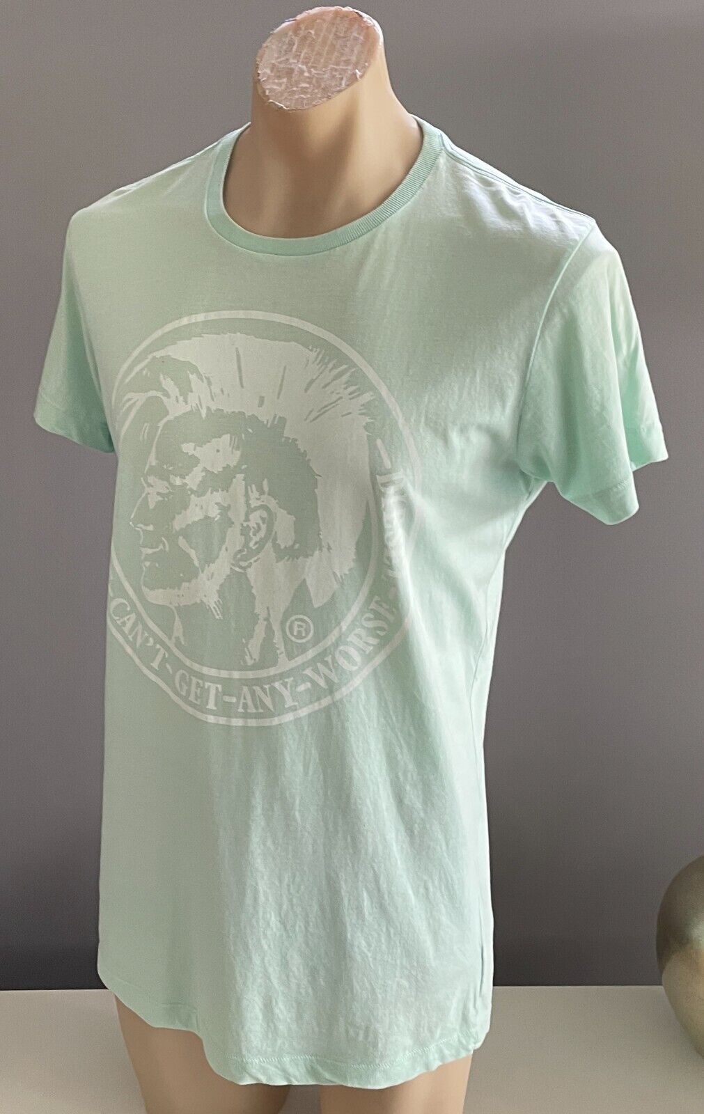 DIESEL Mens T-Shirt XL Mohawk Graphic Mint Green Motivation Tee Crew Neck NEW