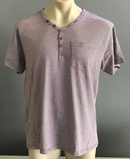 Mens T-Shirt XL KMART Maroon White Stripe Slim Fit Short Sleeve Henley Tee