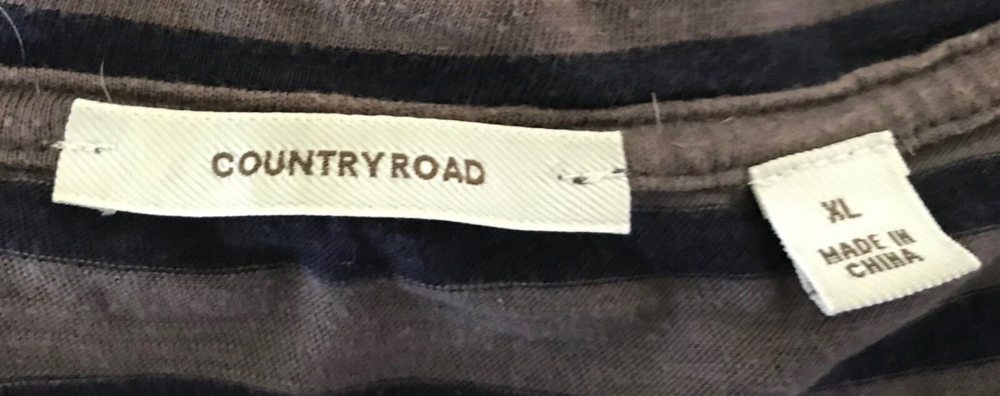 Mens T-Shirt XL COUNTRY ROAD Brown Navy Blue Stripe Short Sleeve Mens Tee Casual