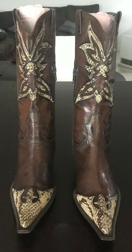 Ladies Size 35 ASTTON Cowboy Boots Brown Beige Leather & Lizard Skin Italian