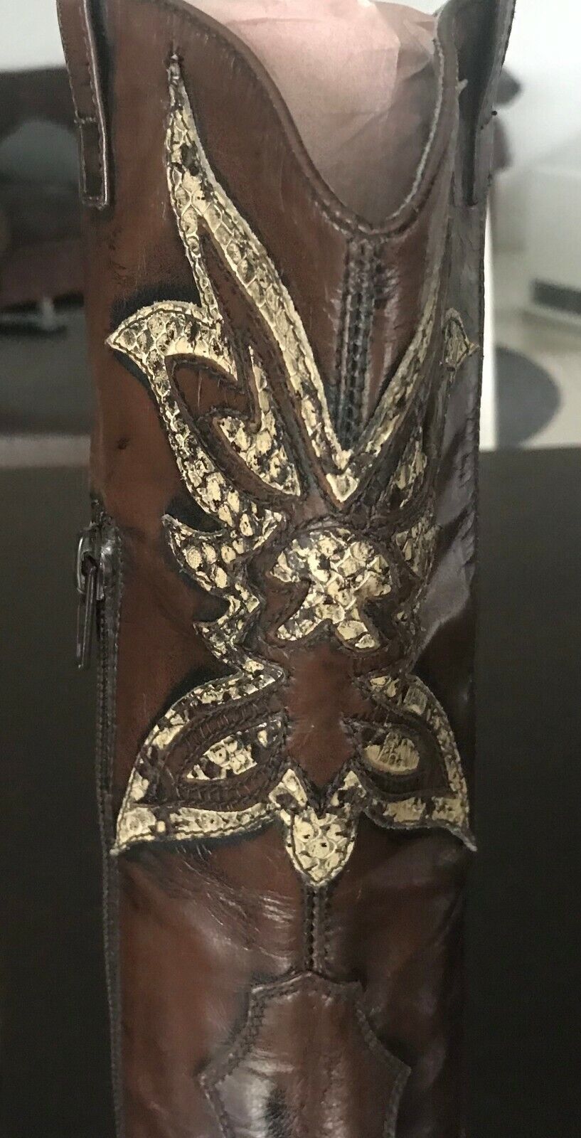 Ladies Size 35 ASTTON Cowboy Boots Brown Beige Leather & Lizard Skin Italian