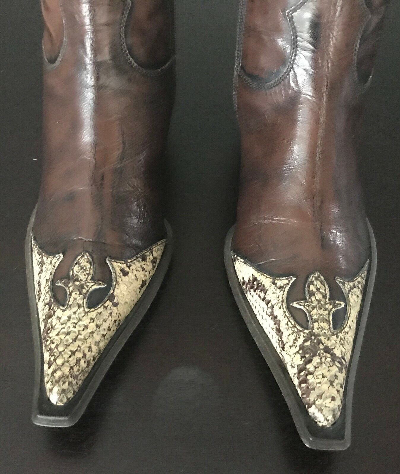 Ladies Size 35 ASTTON Cowboy Boots Brown Beige Leather & Lizard Skin Italian