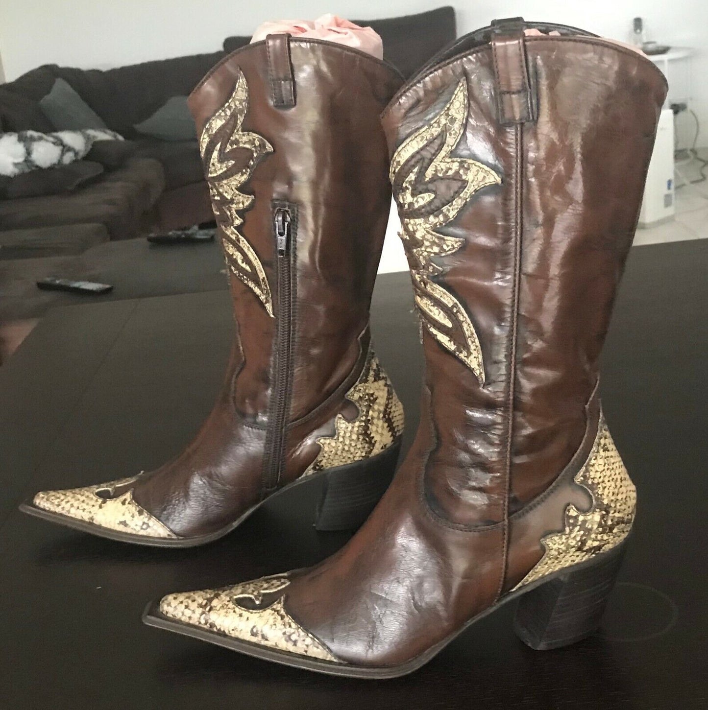 Ladies Size 35 ASTTON Cowboy Boots Brown Beige Leather & Lizard Skin Italian
