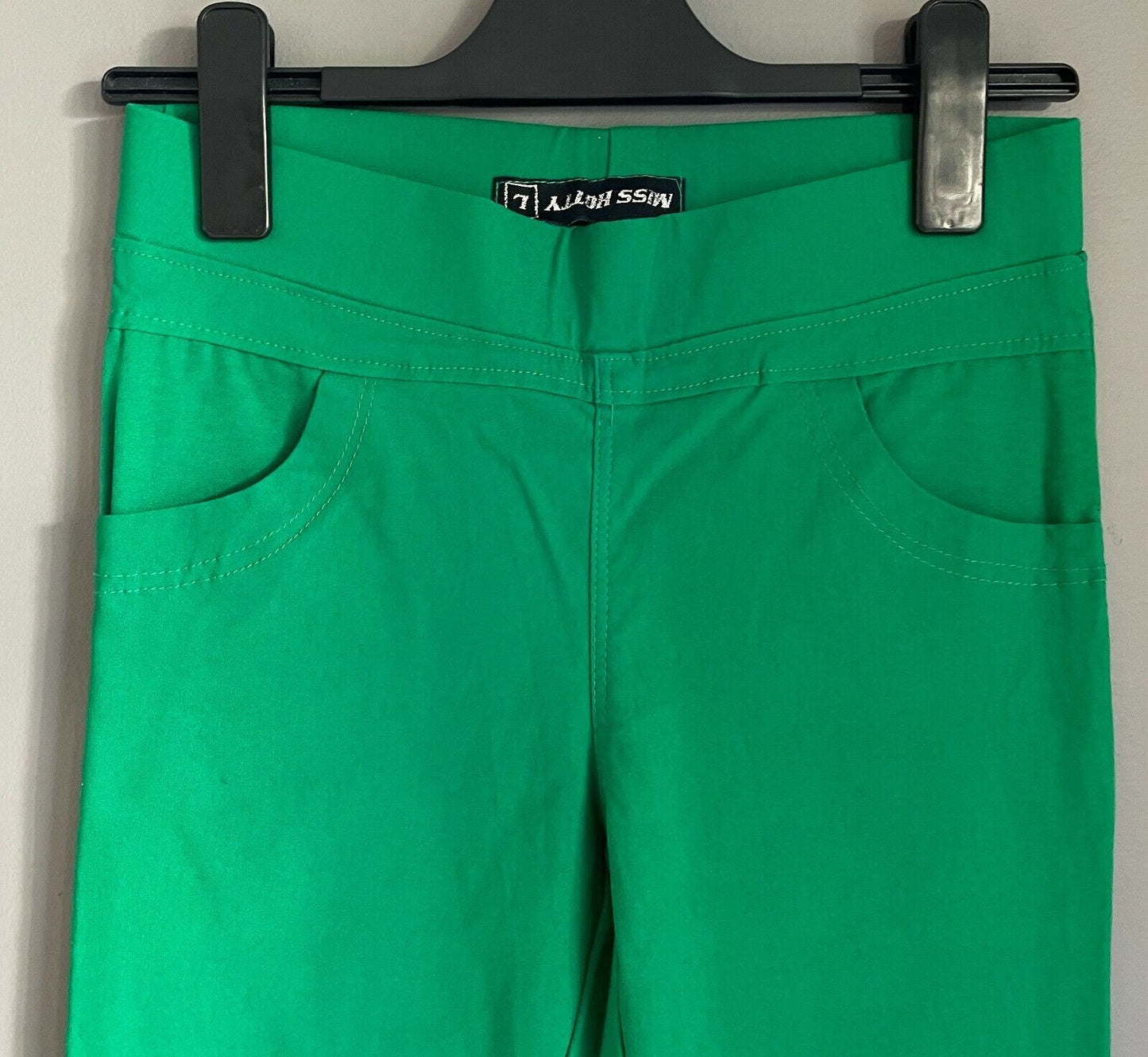 MISS HOTTY Bengaline Pants Bright Green Long Pull On Stretch Size L Waist 68cm