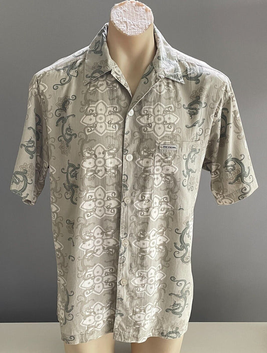 NO FEAR Shirt Button Short Sleeve Beige Taupe Off White Grey Dragon Mens Size S