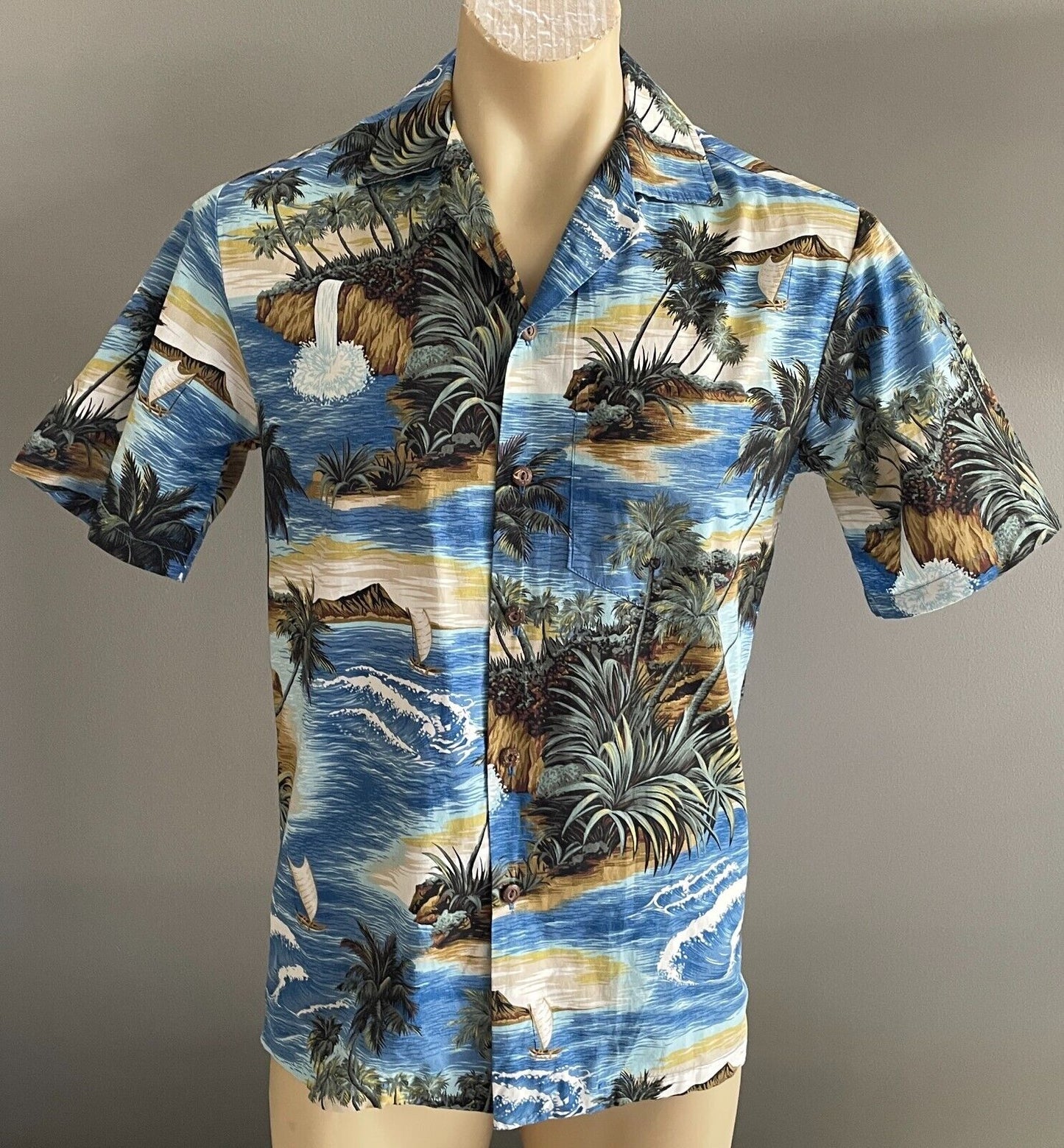 ALOHA REPUBLIC Hawaiian Shirt Short Sleeve Blue Brown Hawaii Island USA Size S