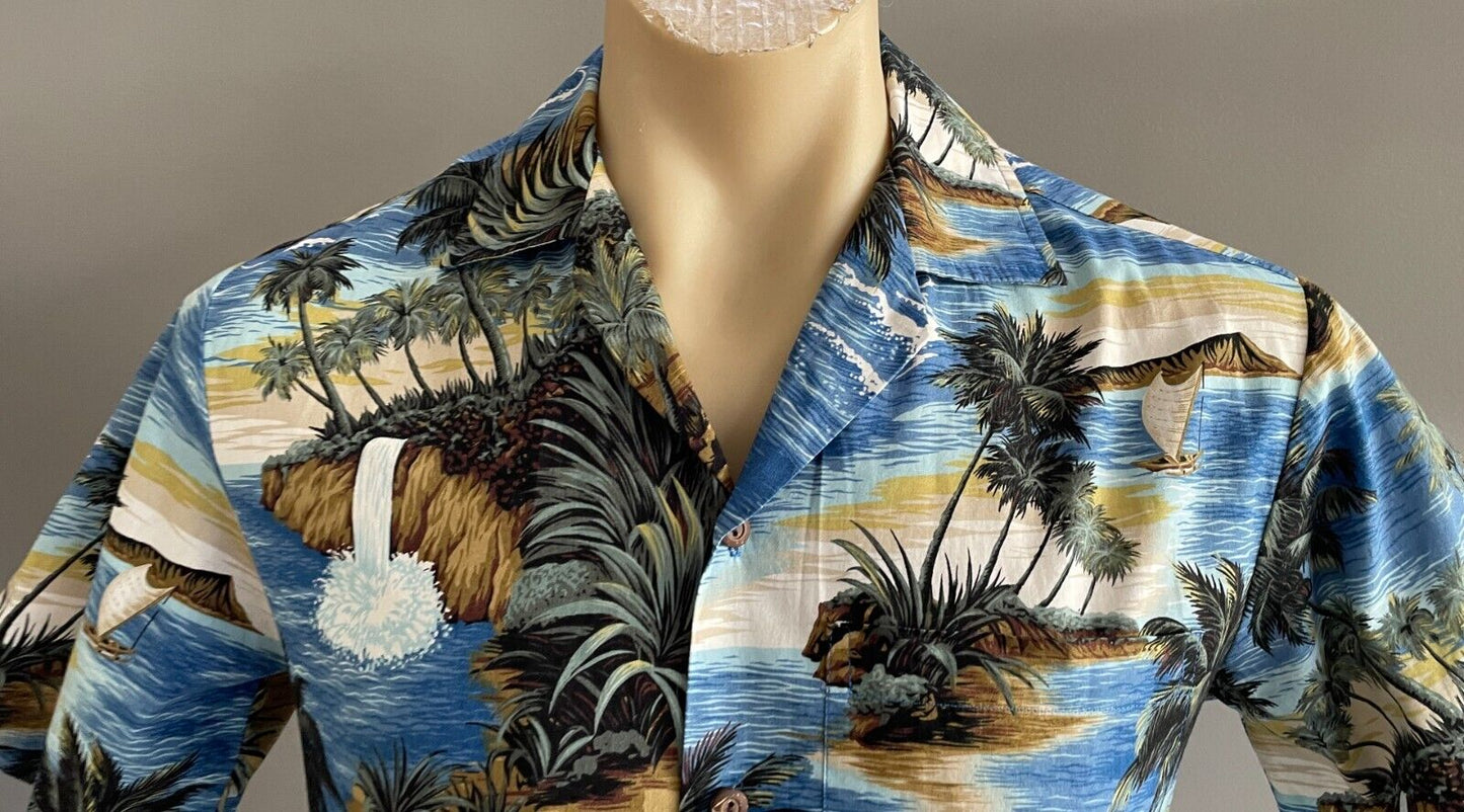 ALOHA REPUBLIC Hawaiian Shirt Short Sleeve Blue Brown Hawaii Island USA Size S