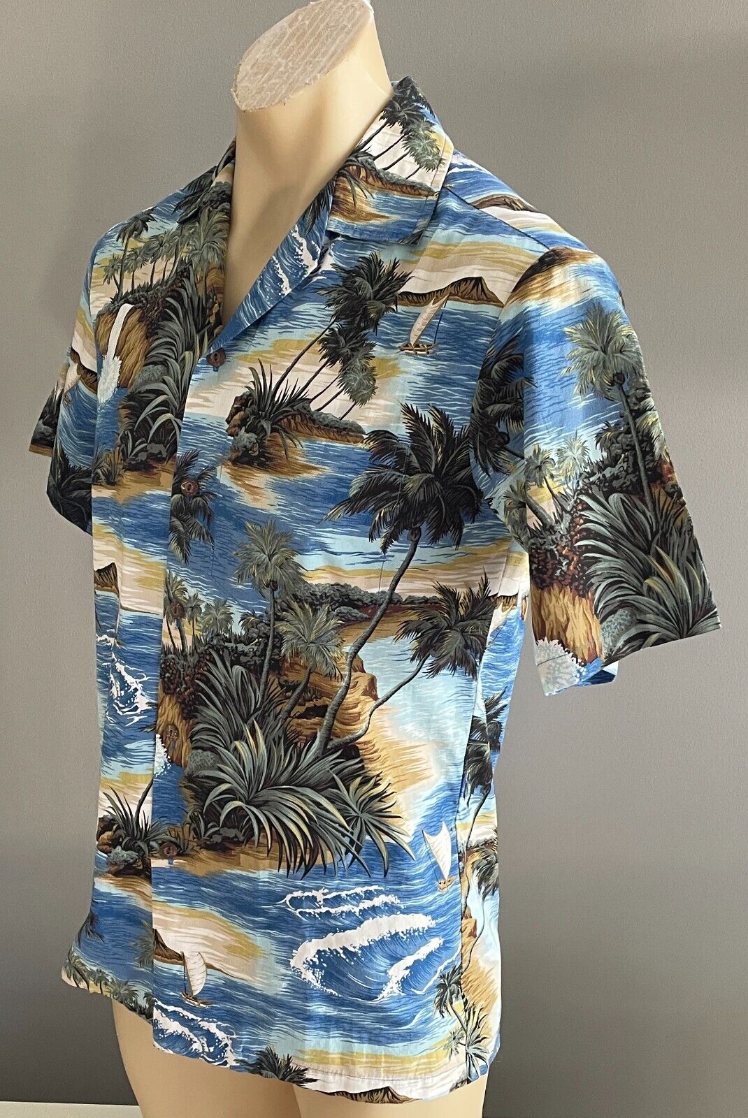 ALOHA REPUBLIC Hawaiian Shirt Short Sleeve Blue Brown Hawaii Island USA Size S