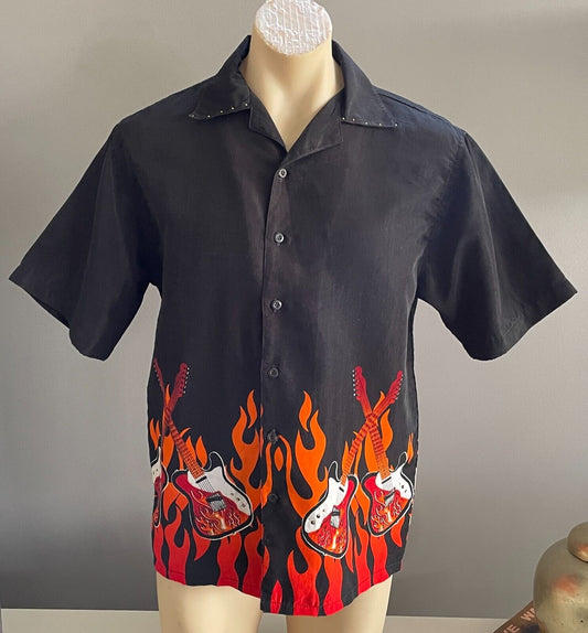 NUCLEUS Black Sh/Sleeve Shirt Bright Flaming Guitars Studs Size S 108cm Chest