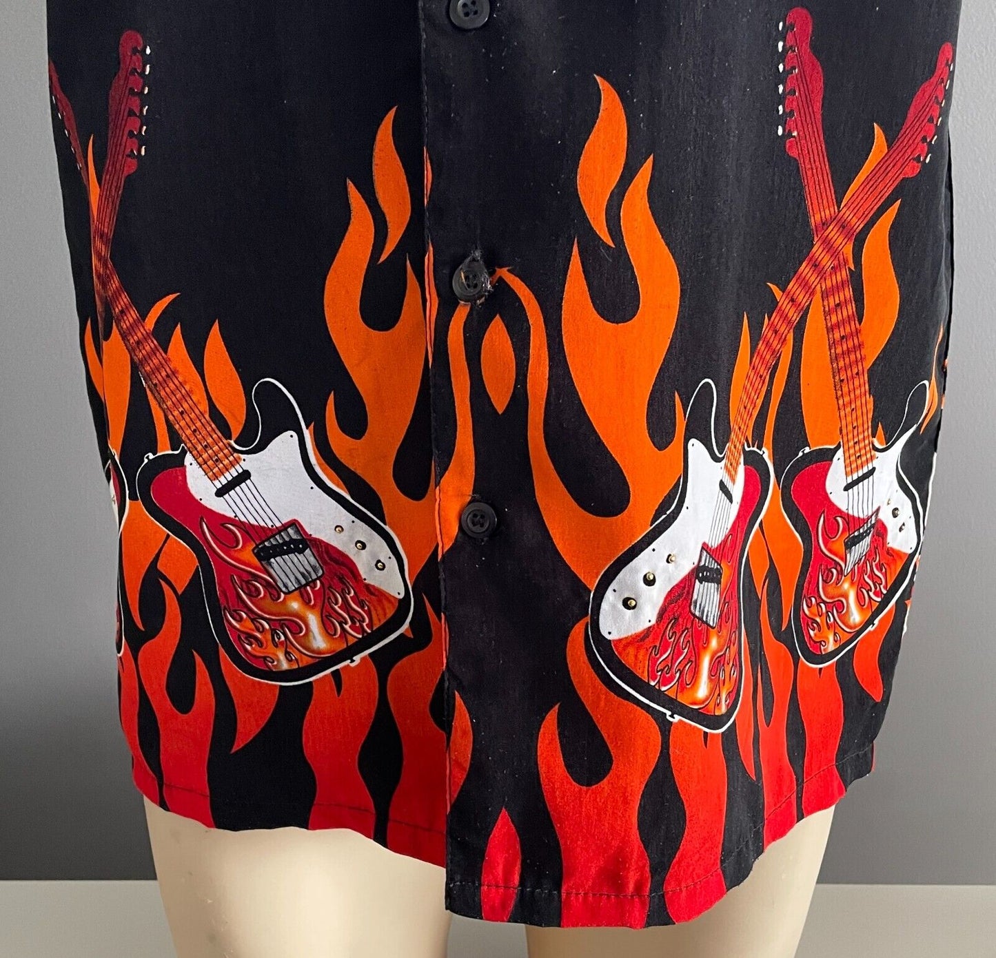 NUCLEUS Black Sh/Sleeve Shirt Bright Flaming Guitars Studs Size S 108cm Chest