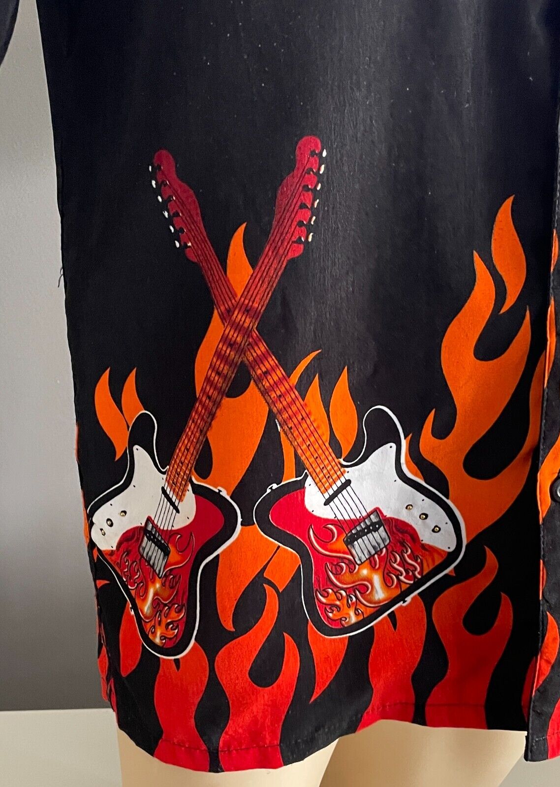 NUCLEUS Black Sh/Sleeve Shirt Bright Flaming Guitars Studs Size S 108cm Chest