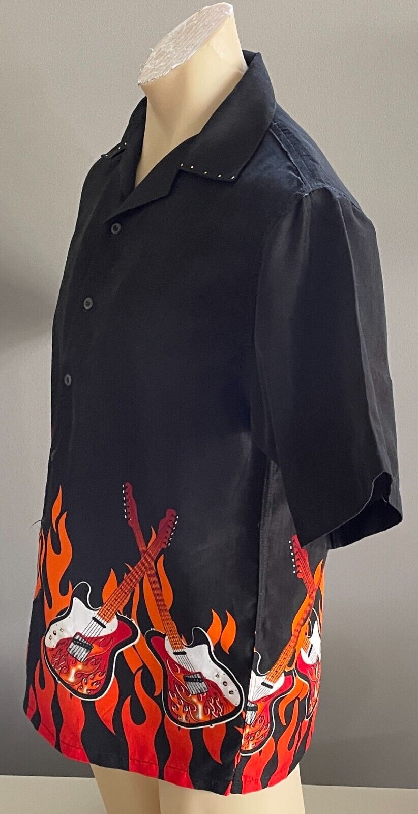 NUCLEUS Black Sh/Sleeve Shirt Bright Flaming Guitars Studs Size S 108cm Chest