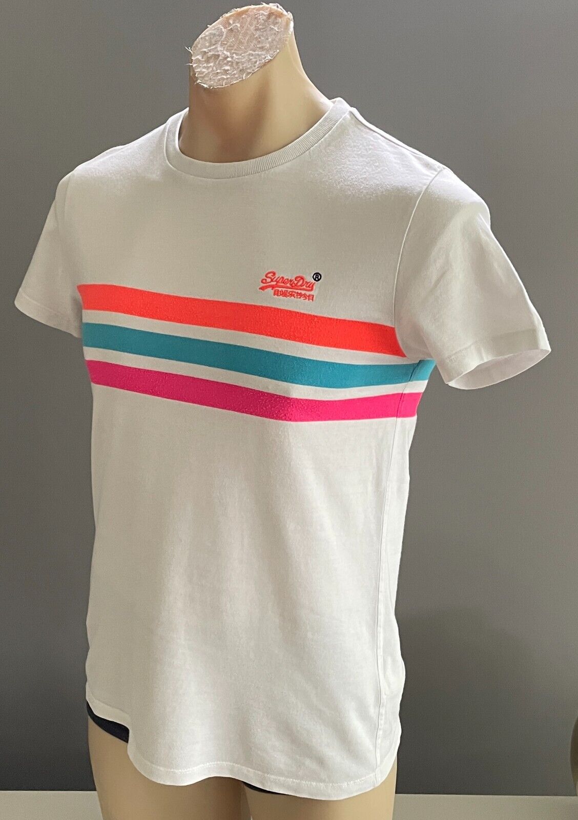 SUPERDRY T-Shirt Orange Fluoro Chest Bands Sh/Sleeve Top Mens Size XS 94cm Chest
