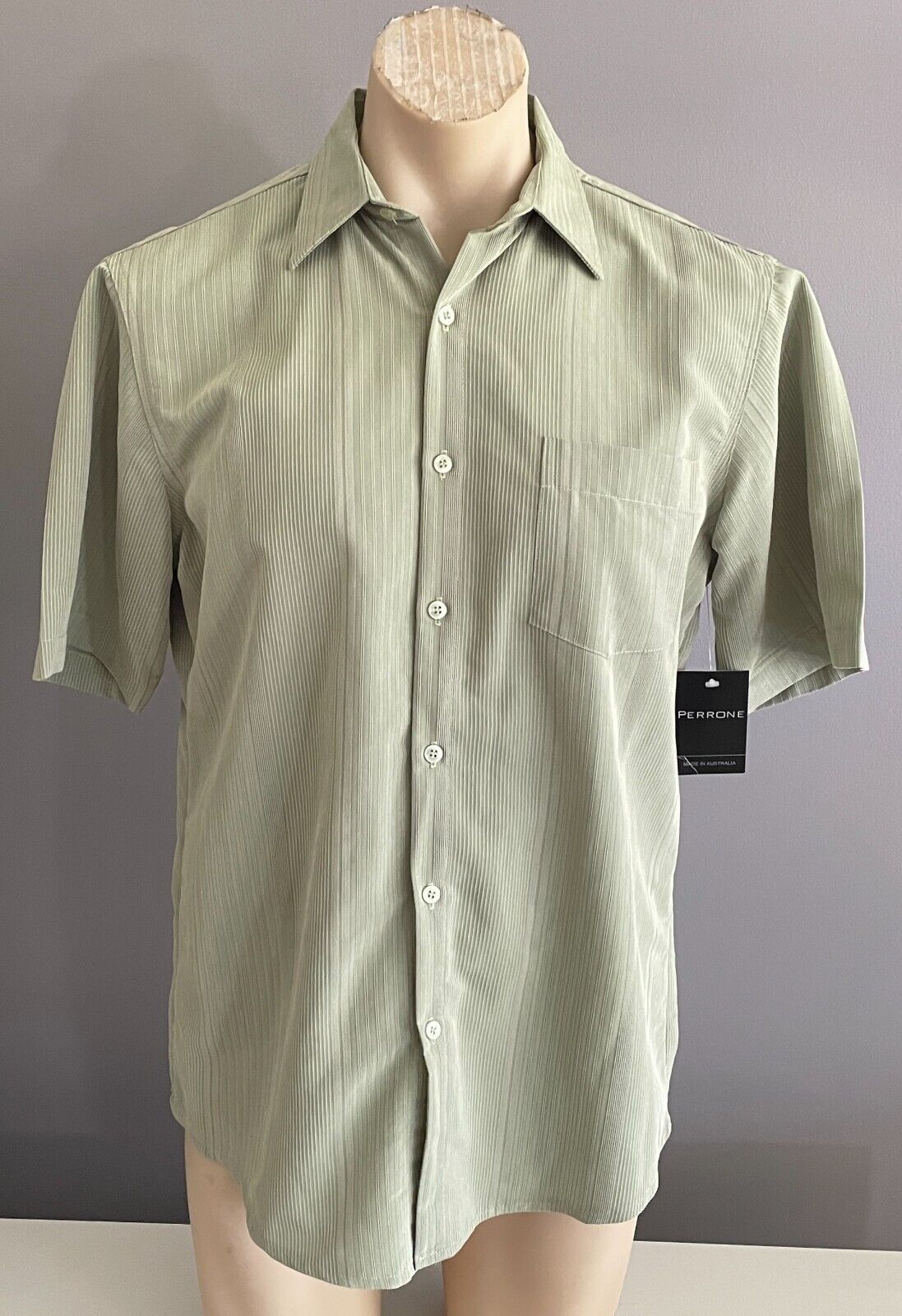 PERRONE Shirt Short Sleeve Light Green Textured Fabric Size S 110 Chest NEW