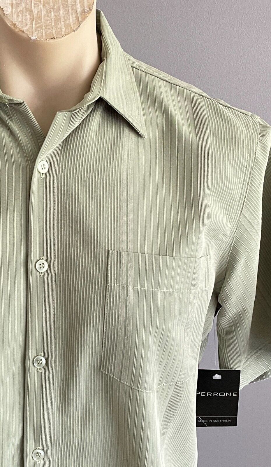 PERRONE Shirt Short Sleeve Light Green Textured Fabric Size S 110 Chest NEW