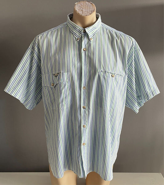 Mens LONGUE DISTANCE Short Sleeve Button Up Shirt White Blue Green Stripe Size L