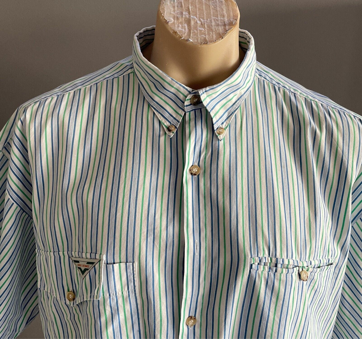 Mens LONGUE DISTANCE Short Sleeve Button Up Shirt White Blue Green Stripe Size L