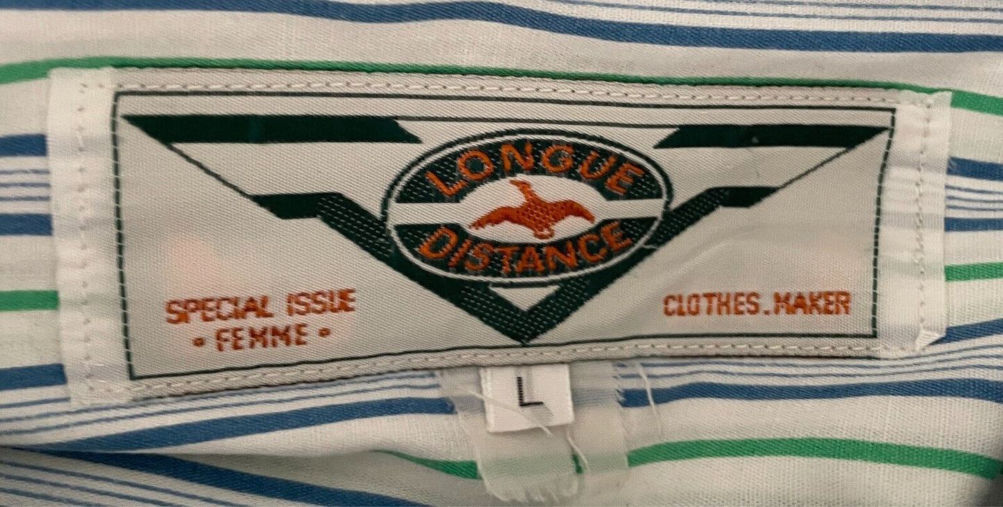 Mens LONGUE DISTANCE Short Sleeve Button Up Shirt White Blue Green Stripe Size L