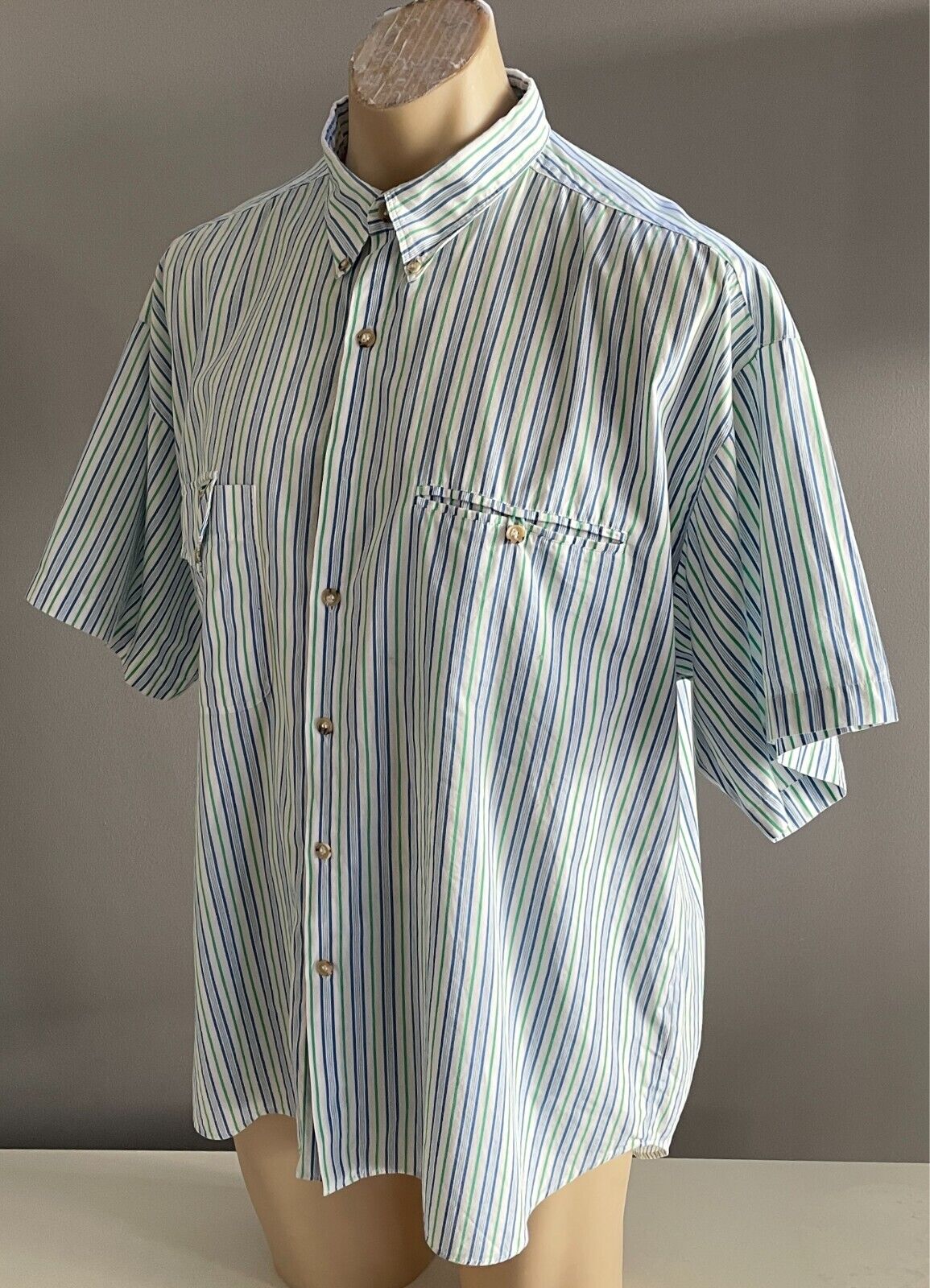 Mens LONGUE DISTANCE Short Sleeve Button Up Shirt White Blue Green Stripe Size L