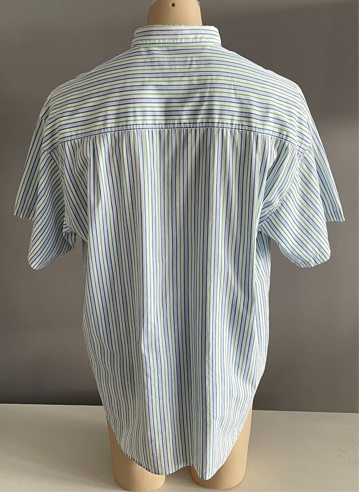 Mens LONGUE DISTANCE Short Sleeve Button Up Shirt White Blue Green Stripe Size L