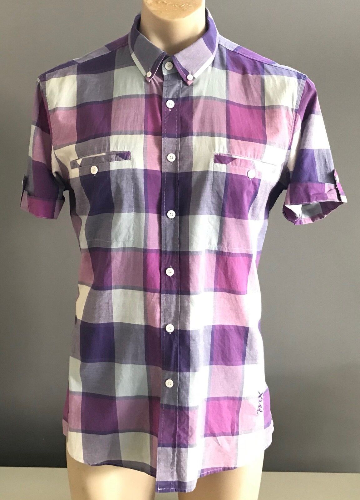 Mens MAXX Short Sleeve Shirt Purple Light Blue White Check Print Size L 102cm