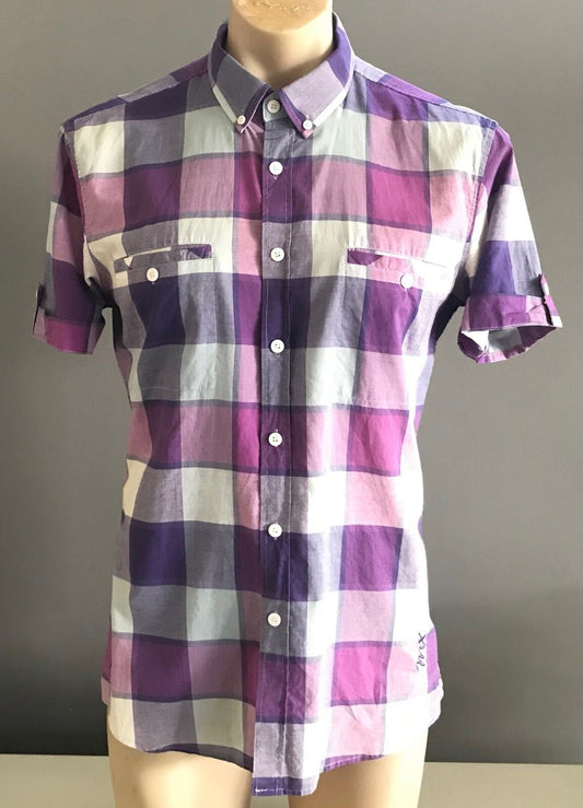 Mens MAXX Short Sleeve Shirt Purple Light Blue White Check Print Size L 102cm