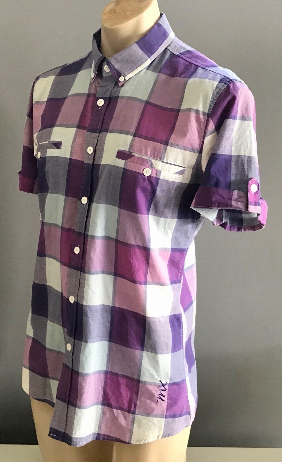 Mens MAXX Short Sleeve Shirt Purple Light Blue White Check Print Size L 102cm