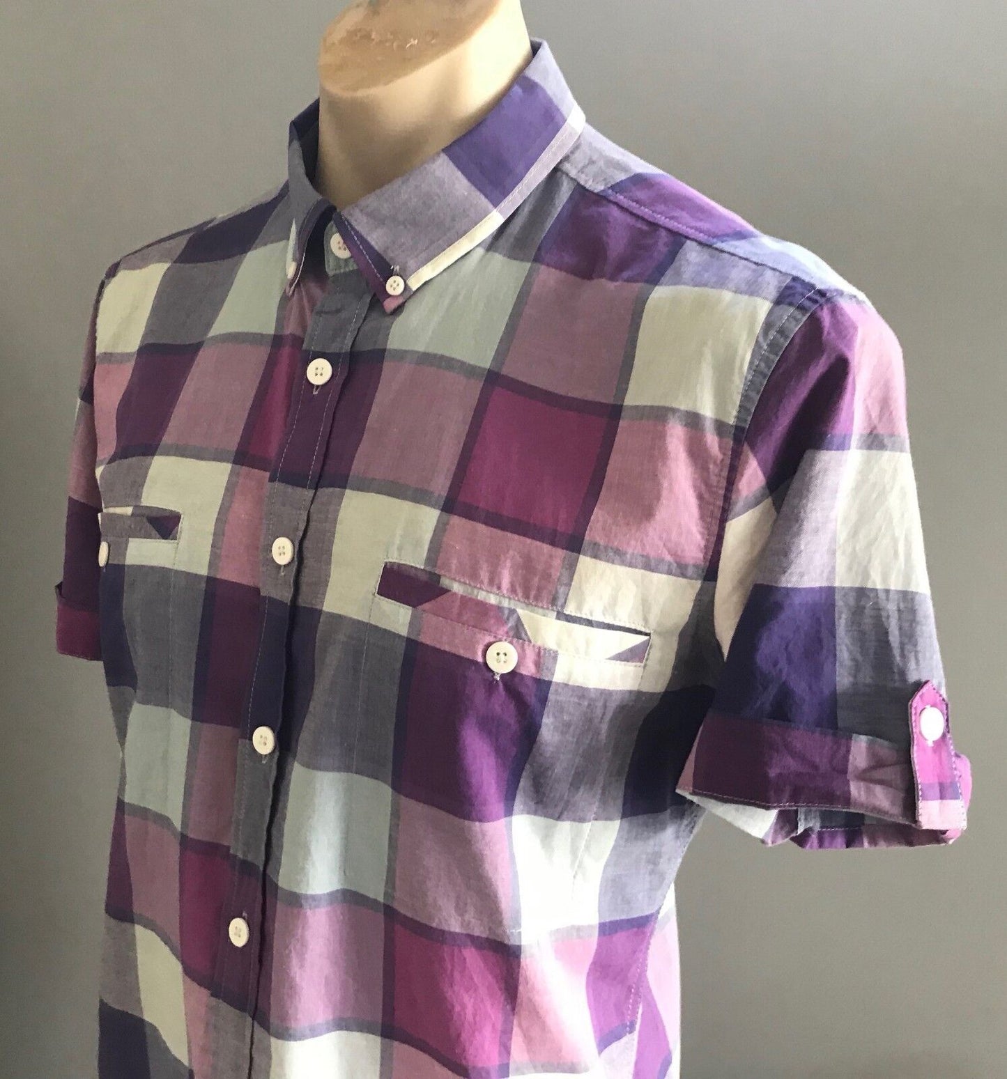 Mens MAXX Short Sleeve Shirt Purple Light Blue White Check Print Size L 102cm
