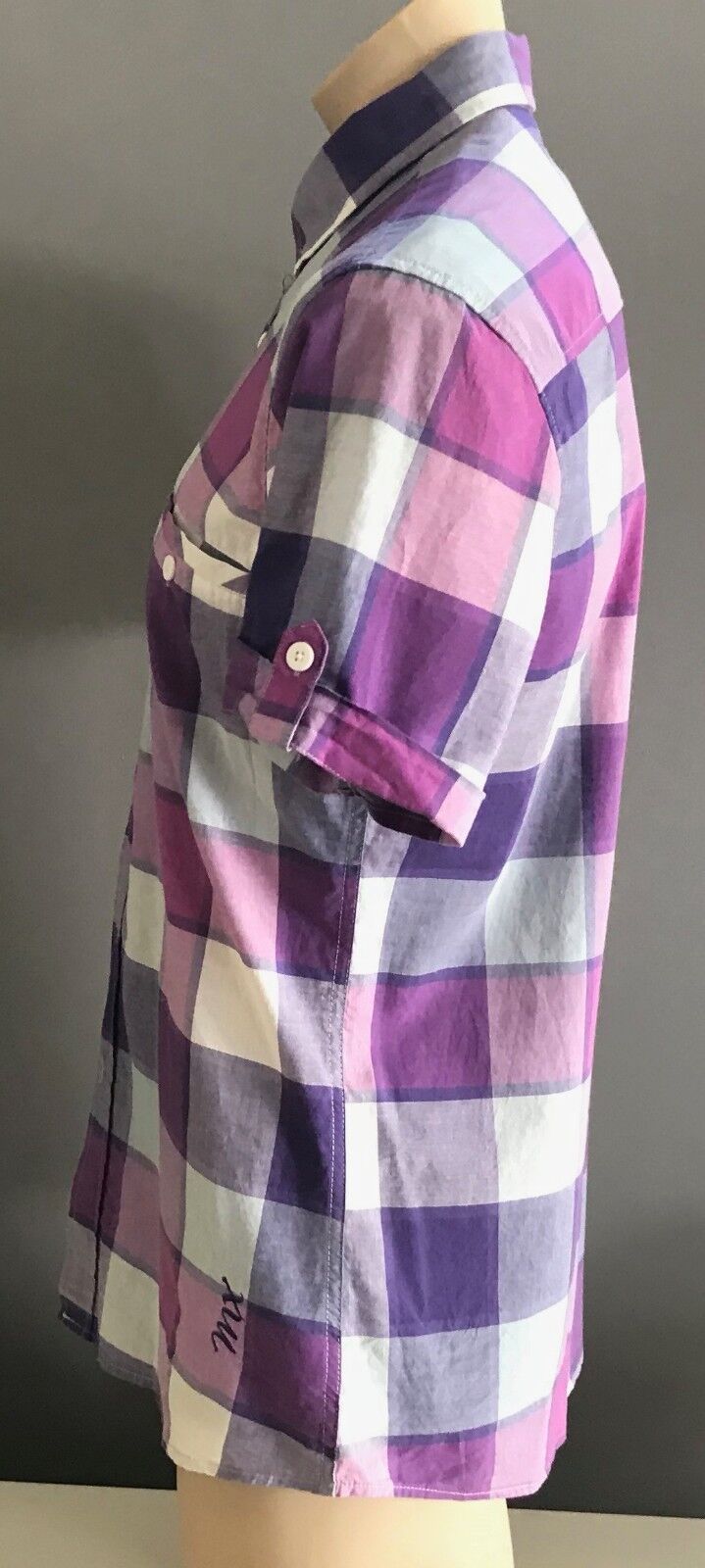 Mens MAXX Short Sleeve Shirt Purple Light Blue White Check Print Size L 102cm