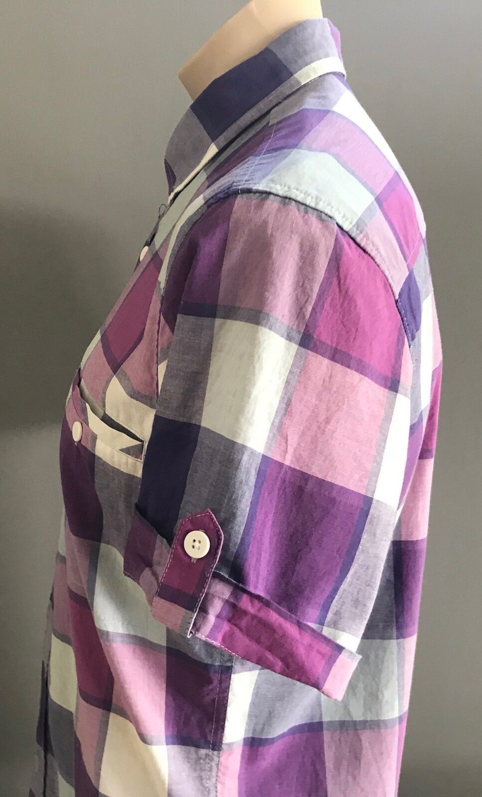 Mens MAXX Short Sleeve Shirt Purple Light Blue White Check Print Size L 102cm
