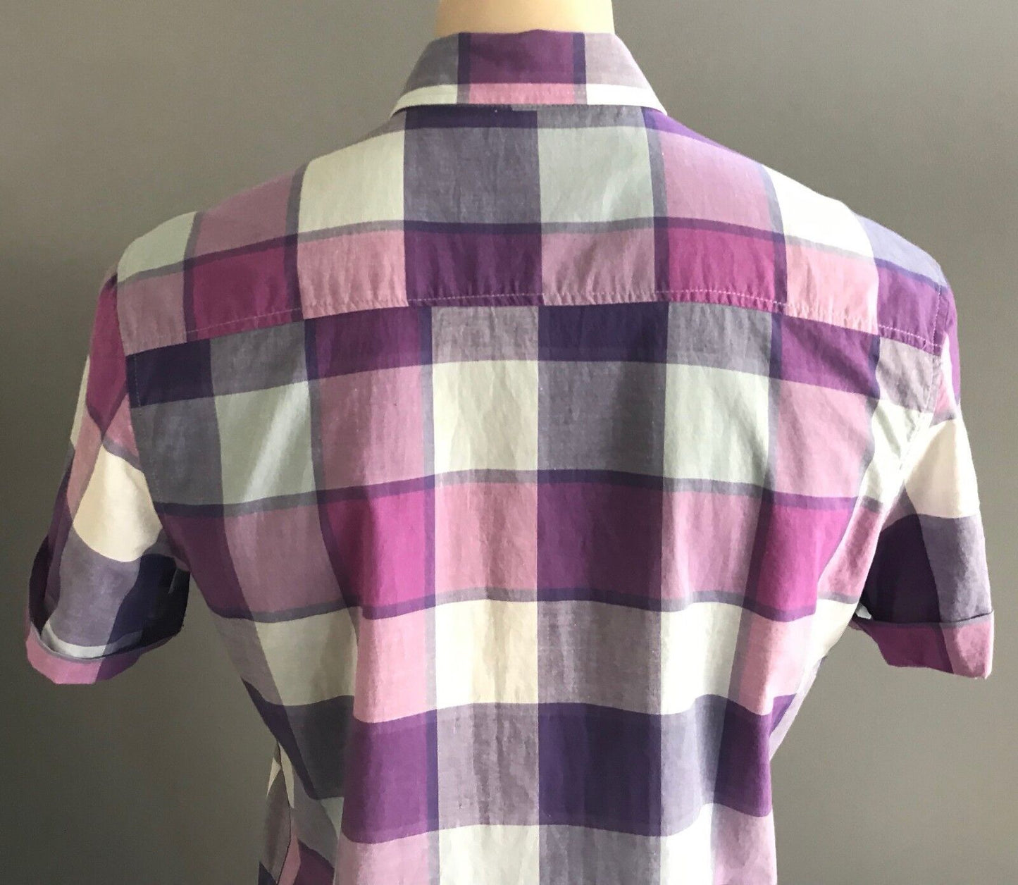Mens MAXX Short Sleeve Shirt Purple Light Blue White Check Print Size L 102cm