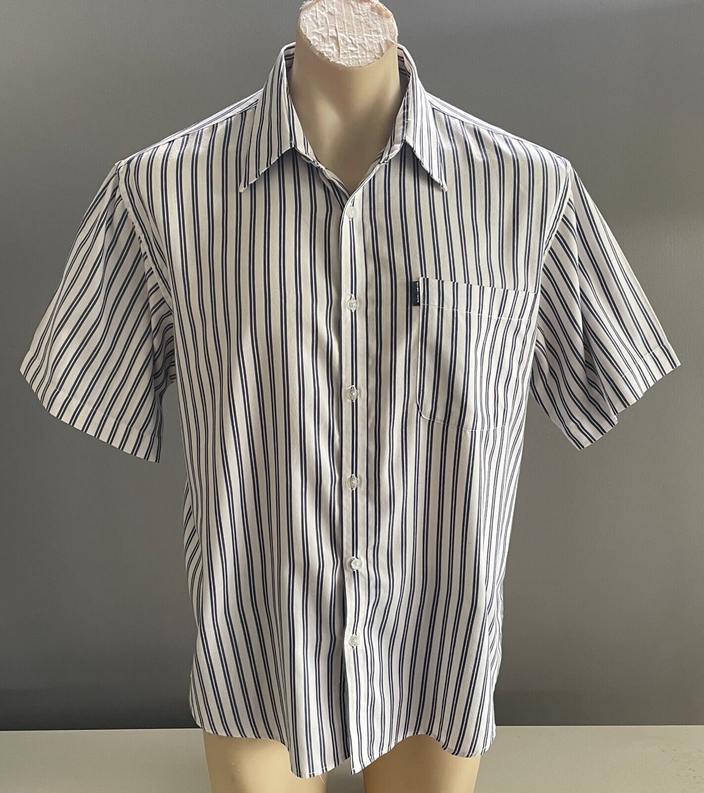 Mens OXBRIDGE Shirt White & Navy Stripe Short Sleeve Size L Classic Fit