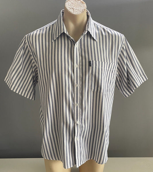 Mens OXBRIDGE Shirt White & Navy Stripe Short Sleeve Size L Classic Fit