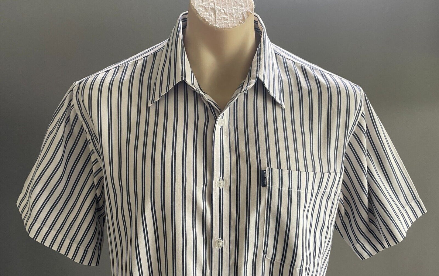 Mens OXBRIDGE Shirt White & Navy Stripe Short Sleeve Size L Classic Fit