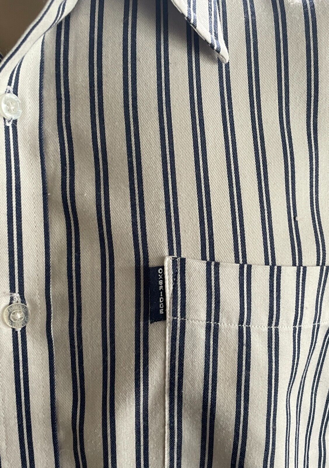 Mens OXBRIDGE Shirt White & Navy Stripe Short Sleeve Size L Classic Fit