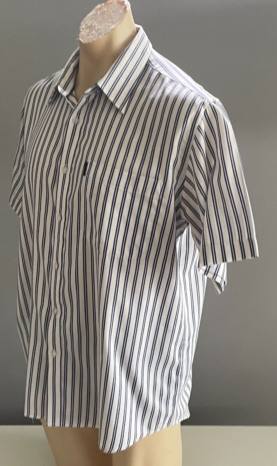 Mens OXBRIDGE Shirt White & Navy Stripe Short Sleeve Size L Classic Fit