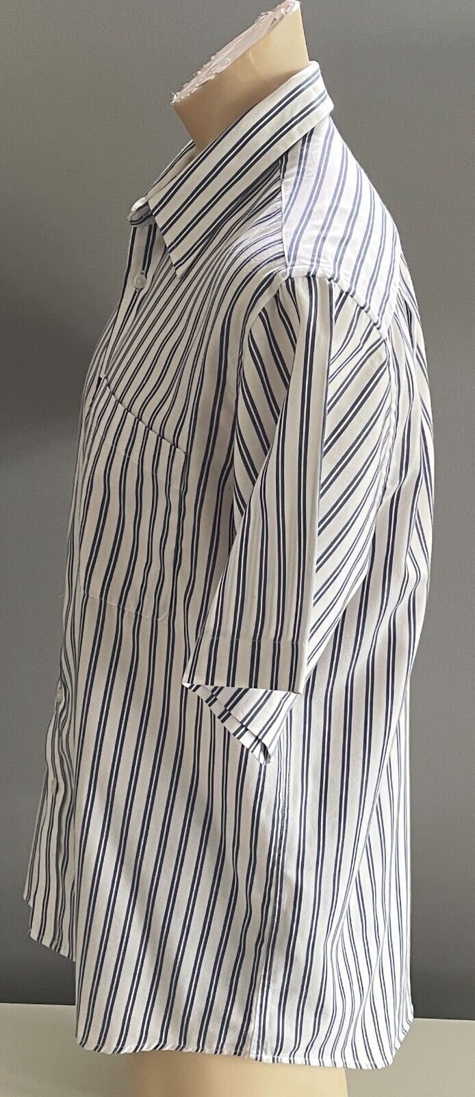 Mens OXBRIDGE Shirt White & Navy Stripe Short Sleeve Size L Classic Fit