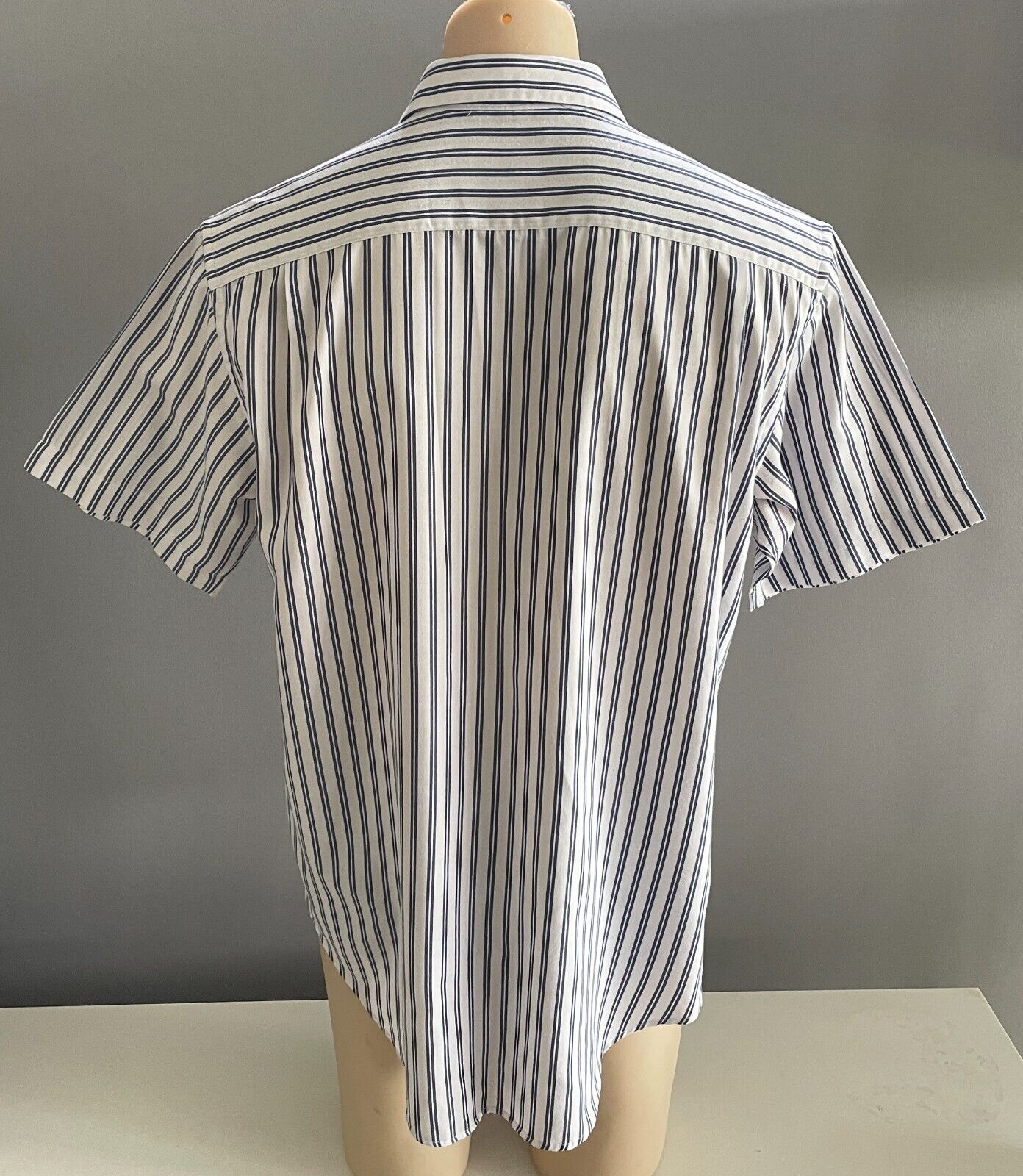 Mens OXBRIDGE Shirt White & Navy Stripe Short Sleeve Size L Classic Fit