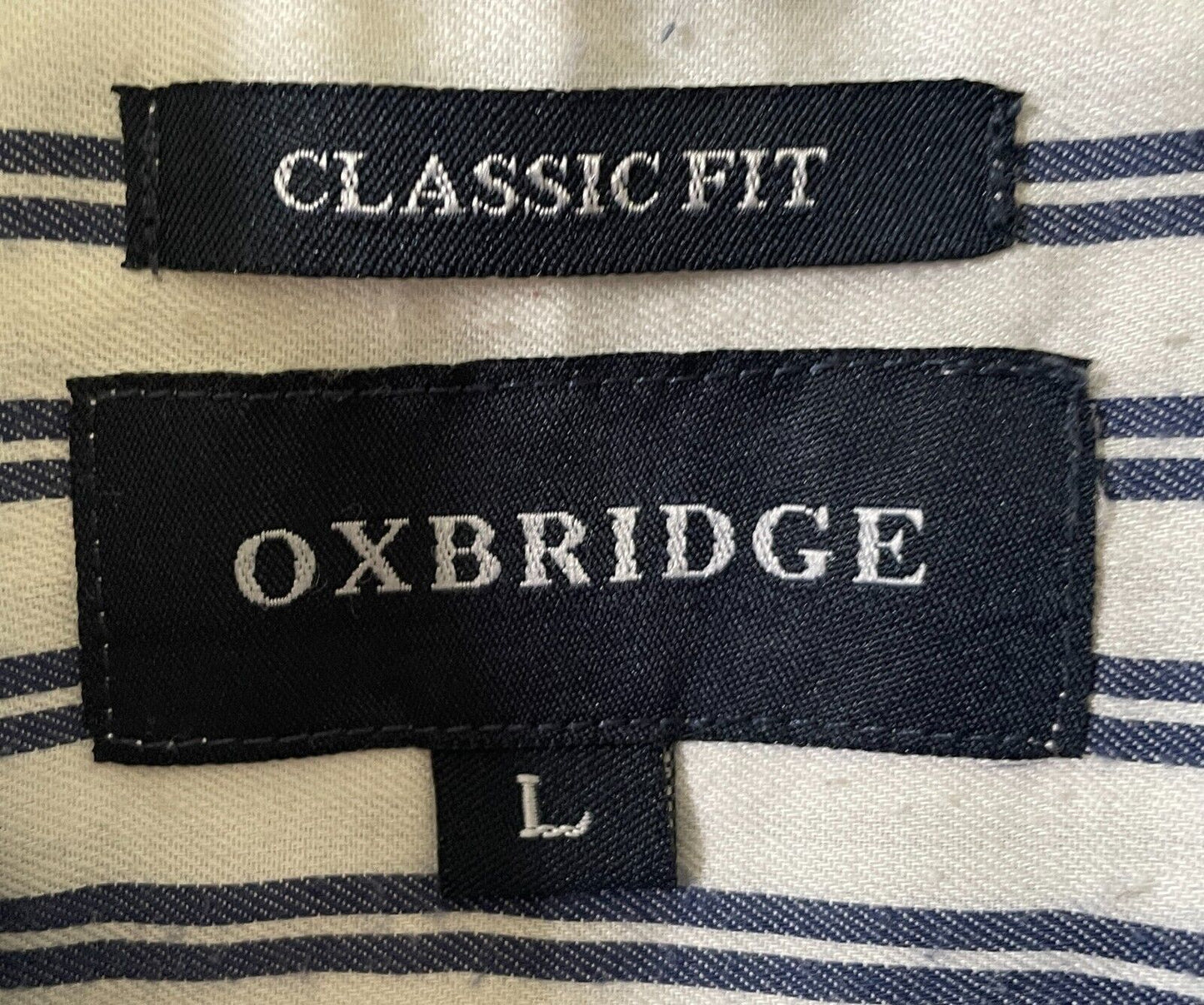 Mens OXBRIDGE Shirt White & Navy Stripe Short Sleeve Size L Classic Fit