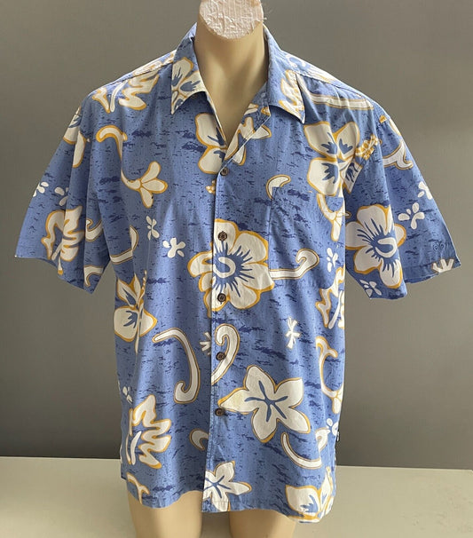 Mens MANGO Hawaiian Shirt Blue Yellow White Tropical Cotton Size L 100cm