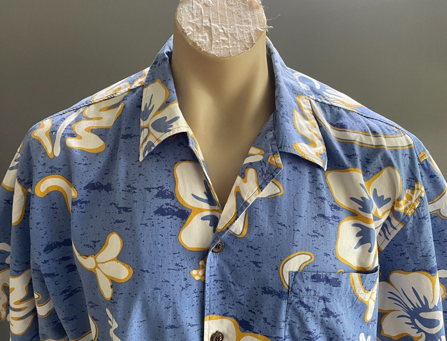Mens MANGO Hawaiian Shirt Blue Yellow White Tropical Cotton Size L 100cm