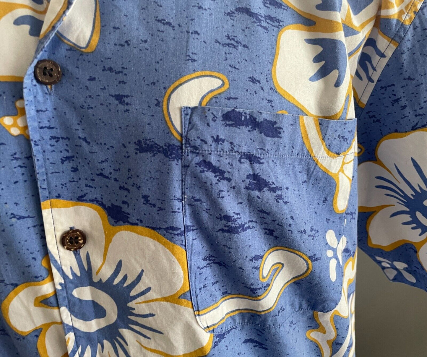 Mens MANGO Hawaiian Shirt Blue Yellow White Tropical Cotton Size L 100cm