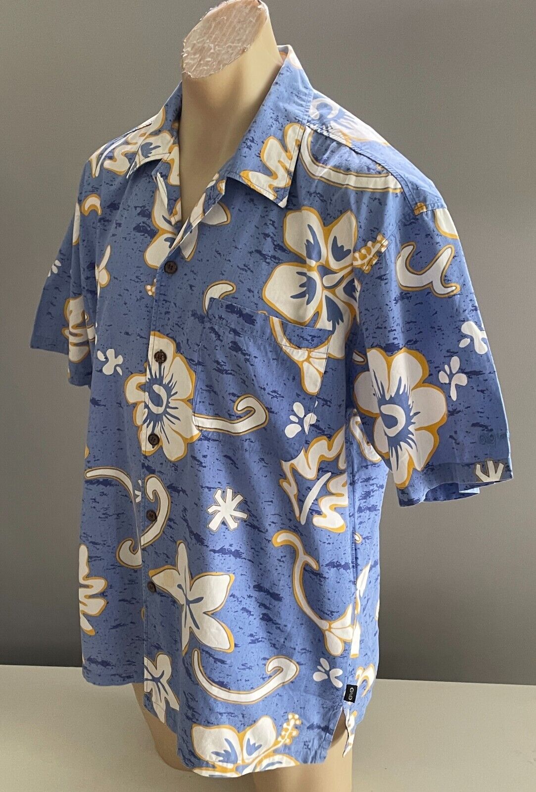 Mens MANGO Hawaiian Shirt Blue Yellow White Tropical Cotton Size L 100cm