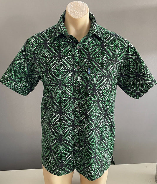 AISOKULA FIJI Cotton Shirt Green & Black Bold Tropical Print Size L 118cm Chest