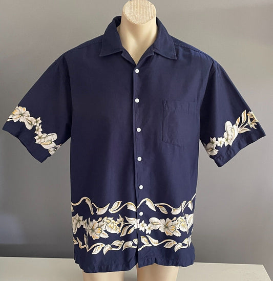 Mens ROAR Hawaiian Shirt Short Sleeve Navy & Tropical Floral Size L Cotton 120cm