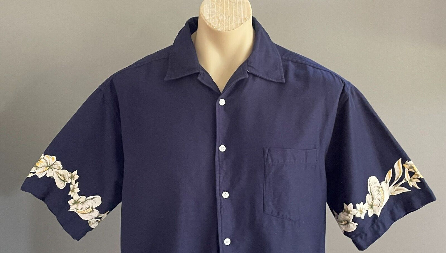 Mens ROAR Hawaiian Shirt Short Sleeve Navy & Tropical Floral Size L Cotton 120cm