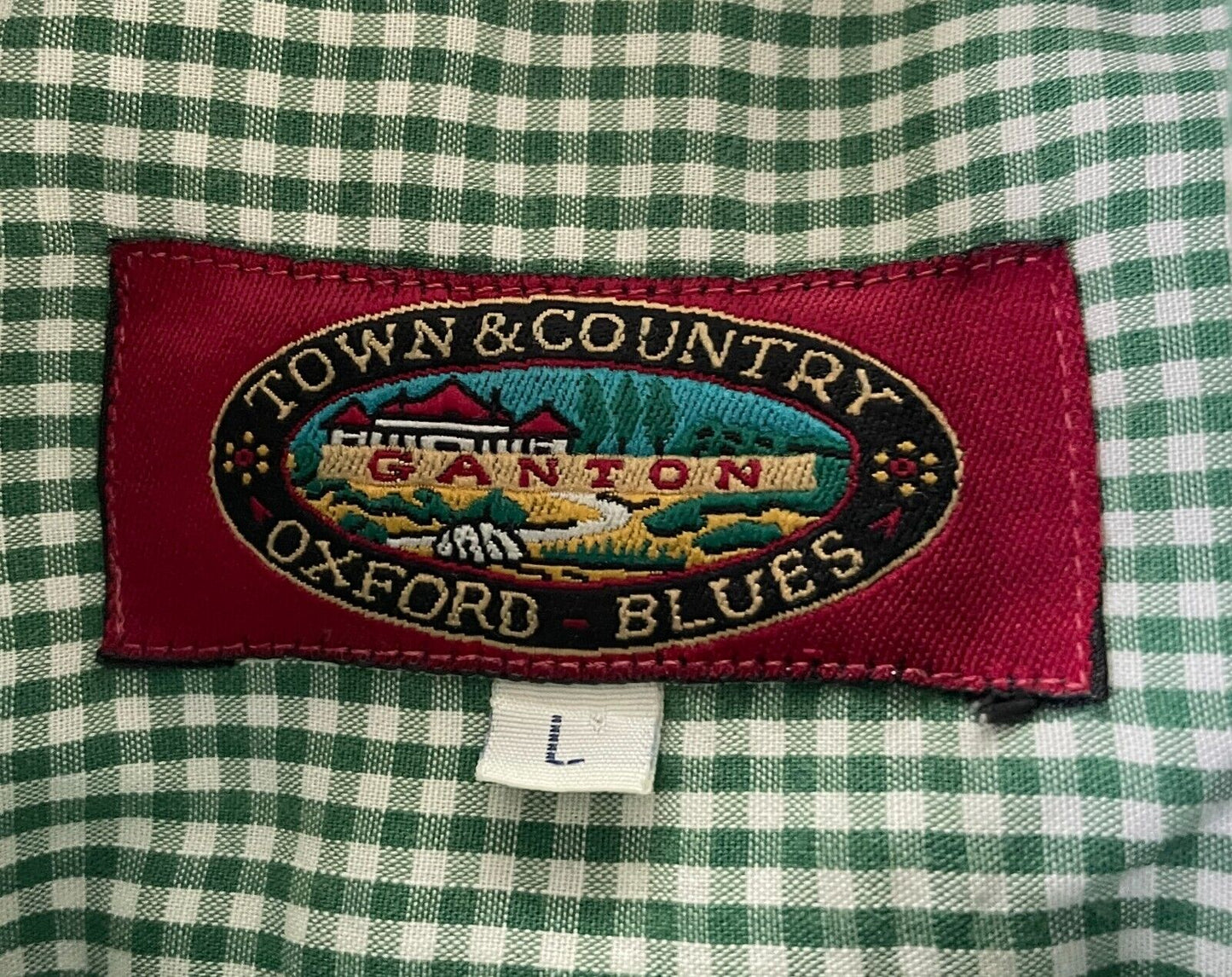 GANTON TOWN & COUNTRY OXFORD BLUES Shirt Green & White Check Mens  Size L 126cm