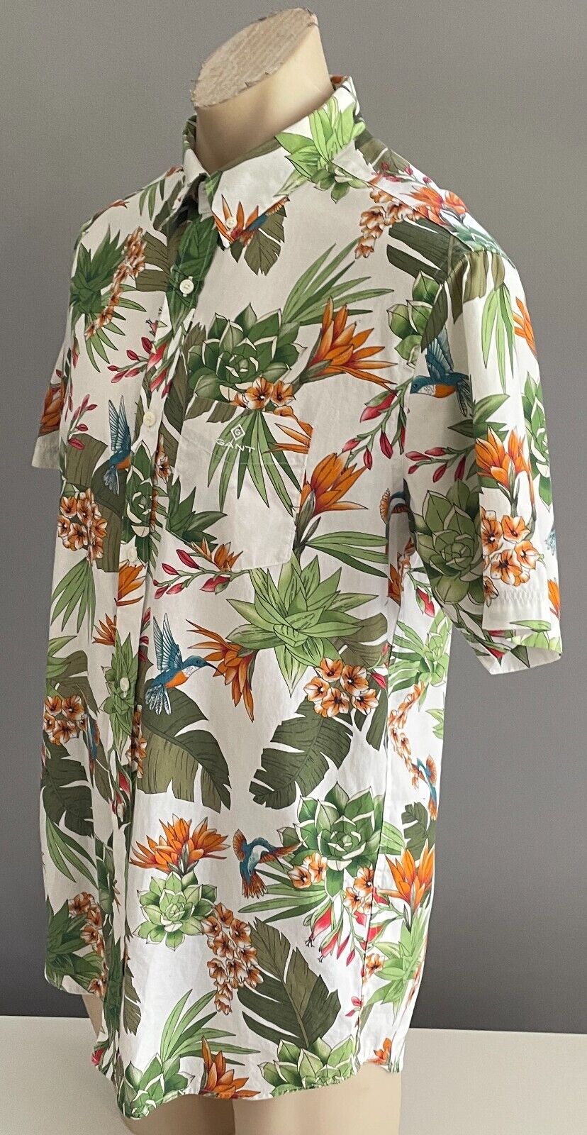 GANT Shirt Short Sleeve Colourful Garden Hummingbird Mens Size L 41 42 Regular
