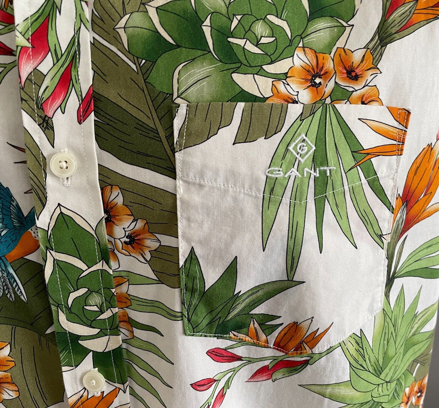 GANT Shirt Short Sleeve Colourful Garden Hummingbird Mens Size L 41 42 Regular