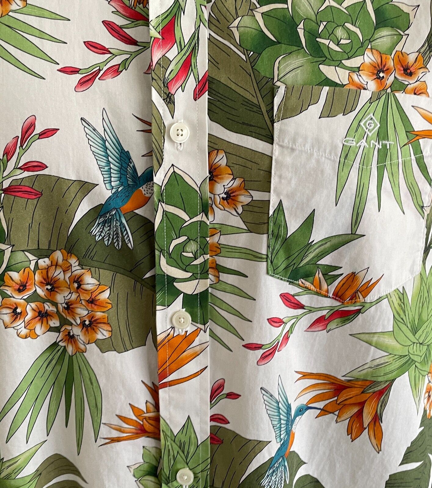 GANT Shirt Short Sleeve Colourful Garden Hummingbird Mens Size L 41 42 Regular